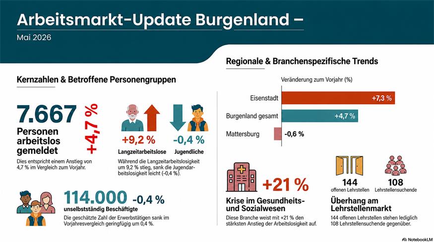 7.667 Personen sind derzeit im Burgenland arbeitslos gemeldet. Weitere 1.939 Personen befinden sich in Schulungen.
