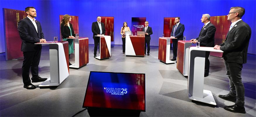ABD0184_20250109 - EISENSTADT - ÖSTERREICH: Die Spitzenkandidaten zur Burgenland-Wahl (v.l.n.r.) Christoph Schneider (NEOS), Anja Haider-Wallner (Grüne), LH Hans Peter Doskozil (SPÖ), Christian Sagartz (ÖVP), Norbert Hofer (FPÖ) und Geza Molnar (Liste Hausverstand) am Donnerstag, 09. Jänner 2025, anl. der sog. "Elefantenrunde" im ORF Landesstudio Burgenland in Eisenstadt. - FOTO: APA/HANS KLAUS TECHT