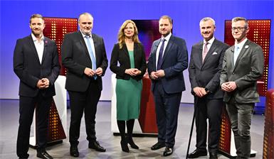 ABD0210_20250109 - EISENSTADT - ÖSTERREICH: Die Spitzenkandidaten zur Burgenland-Wahl (v.l.n.r.) Christoph Schneider (NEOS), LH Hans Peter Doskozil (SPÖ), Anja Haider-Wallner (Grüne), Christian Sagartz (ÖVP), Norbert Hofer (FPÖ) und Geza Molnar (Liste Hausverstand) am Donnerstag, 09. Jänner 2025, anl. der sog. "Elefantenrunde" im ORF Landesstudio Burgenland in Eisenstadt. - FOTO: APA/HANS KLAUS TECHT