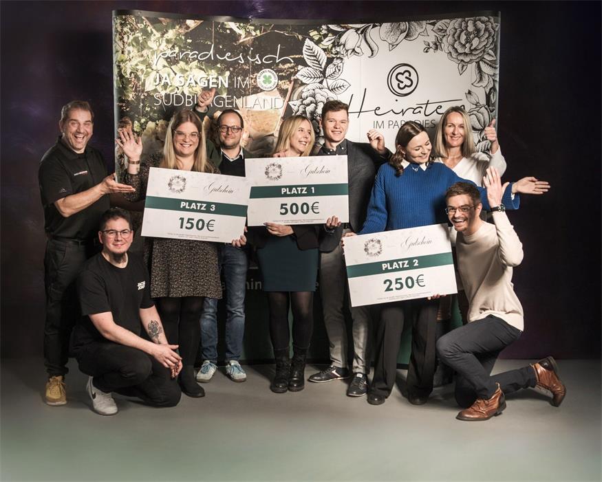 Andi Bruckner (Fotograf, HIP-Kernteam), Sebastian und Stefanie (3. Platz), Nikolaus Dohr (Notar, Mitglied von HIP), Sarah und Christian (1. Platz), Sarah und Lukas (2. Platz) und Sandra Müllner (Finanzexpertin, HIP-Kernteam) (v.l.)