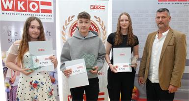 Anna Kravets (Kastner Abholmarkt und Gastrodienst Ges.m.b.H., Eisenstadt), Simon Fellinger (Sport Pilz GmbH – INTERSPORT, Oberwart), Johanna Maria Schütz (MK Sportartikel GmbH, Mattersburg) und René Mahlknecht (Obmann Landesgremium Maschinen- und Technologiehandel) (v. l.)