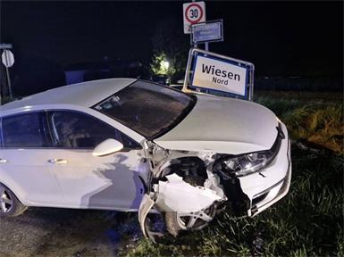 Bei dem Unfall kam auch die Ortstafel "Wiesen Nord" zu Schaden.