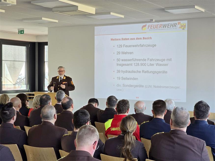 Bezirksfeuerwehrkommandant OBR (Oberbrandrat) Anton Kandelsdorfer präsentierte bei der Frühjahrsdienstbesprechung Daten und Fakten.