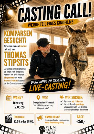 Das Live-Casting findet am Dienstag, dem 12. Mai 2026, im Evangelischen Pfarrsaal (Hauptstraße 7) in Mörbisch am See statt.
