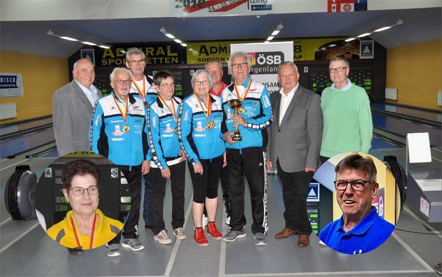 Dem sieggreichen Pinkafelder Team und den Erstplatzierten der Einzelwertung Nada Renner (Leithaprodersdorf I) und Karl Schlögl (Pilgersdorf 2) gratulierten Seniorenbund-Landesobmann Rudolf Strommer, Seniorenbund-Bezirksobmann Albert Maschler und Sportreferent Peppi Frank.