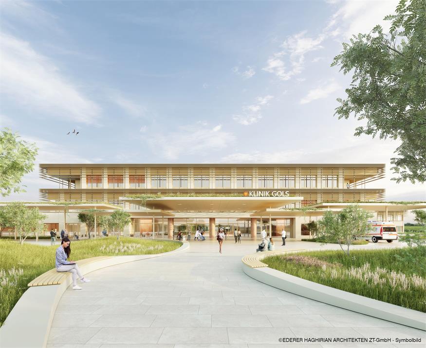 Der Haupteingang der Klinik Gols laut Plan der Grazer Architektur-Bietergemeinschaft. Das Gebäude soll sich in die Natur einfügen.