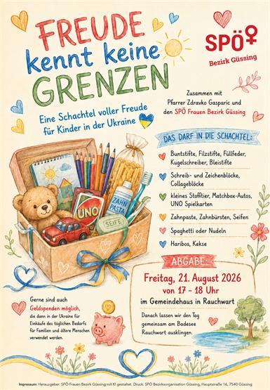 Die Abgabe der Pakete findet am Freitag, dem 21. August 2026, von 17 bis 18 Uhr im Gemeindehaus in Rauchwart statt.