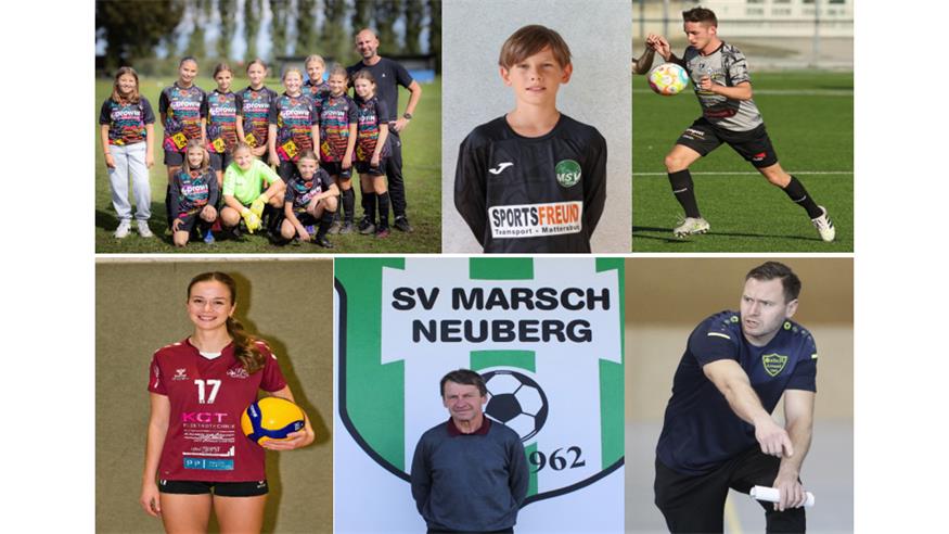 Die Sieger: SPG SV Oberloisdorf U12 Mädchen (Nachwuchsteam des Jahres), Xaver Weghofer (Nachwuchsstar des Jahres), Stefan Wessely (Sportler des Jahres, oben, v.l.), Julia Granitz (Sportlerin des Jahres), Albert Graf (Gute Seele des Jahres) und Paul Bierbaum (Trainer des Jahres, unten, v.l.).