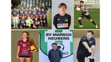 Die Sieger: SPG SV Oberloisdorf U12 Mädchen (Nachwuchsteam des Jahres), Xaver Weghofer (Nachwuchsstar des Jahres), Stefan Wessely (Sportler des Jahres, oben, v.l.), Julia Granitz (Sportlerin des Jahres), Albert Graf (Gute Seele des Jahres) und Paul Bierbaum (Trainer des Jahres, unten, v.l.).
