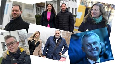 Die Spitzenkandidaten Christian Sagartz (ÖVP), Stani Frank und Christoph Schneider (NEOS), Anja Haider-Wallner (Grüne), Geza Molnar (Liste Hausverstand), Landeshauptmann Hans Peter Doskozil (SPÖ) mit Gattin Julia sowie Norbert Hofer (FPÖ).