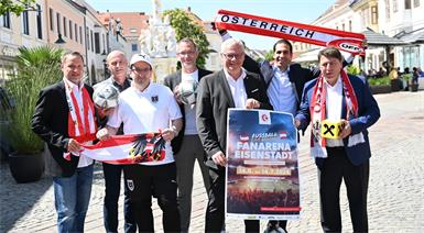 Die Sponsoren der Fanmeile Franz Rumpolt (OSR Group), Manfred Krenn (Partsch Verkehrsbetriebe), Jochen Lehner (Haydnbräu), Erwin Nemeth (OSR Group), Stephan Sharma (Burgenland Energie) und Generaldirektor Rudolf Könighofer (Raiffeisenlandesbank Burgenland) und Bürgermeister Thomas Steiner.