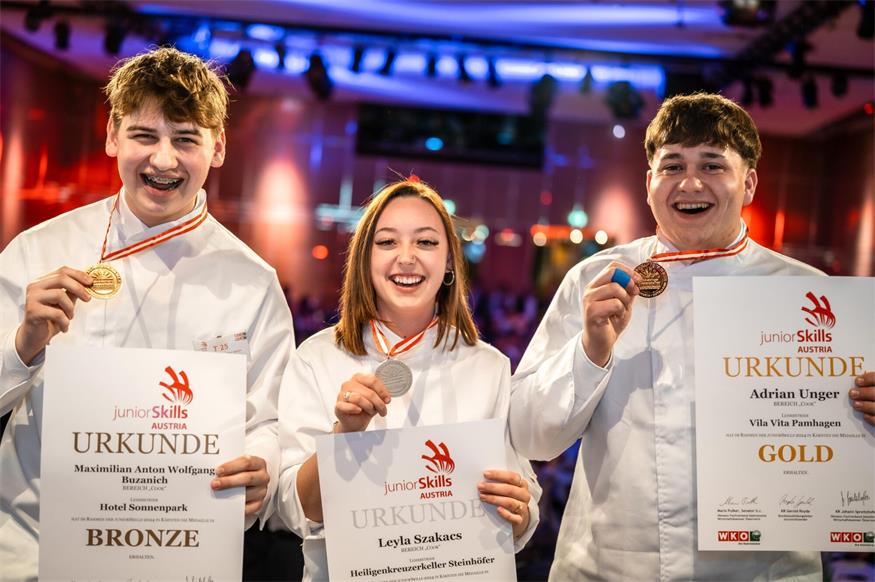 Die burgenländischen Medaillengewinner - Küche: Maximilian Buzanich (Bronze), Leyla Szakacs (Silber) und Adrian Unger (Gold)