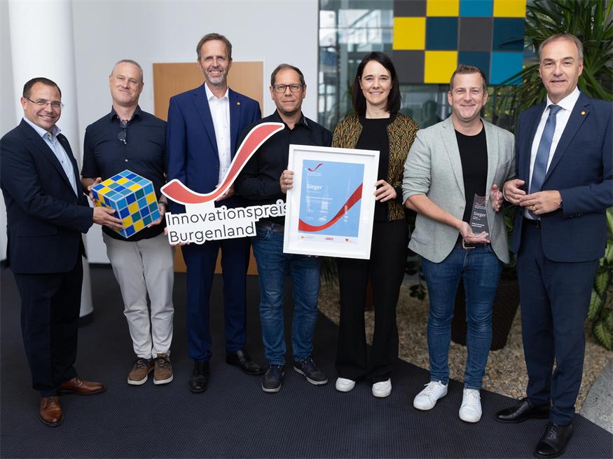 Digitalisierungs-Sieger ETM professional control (v.l.): WK-Präsident Andreas Wirth, Bernhard Alram, Michael Sedlak (Wirtschaftsagentur), Andreas Vogler, Julia Frey, Lukas Schopp und Landesrat Leonhard Schneemann.