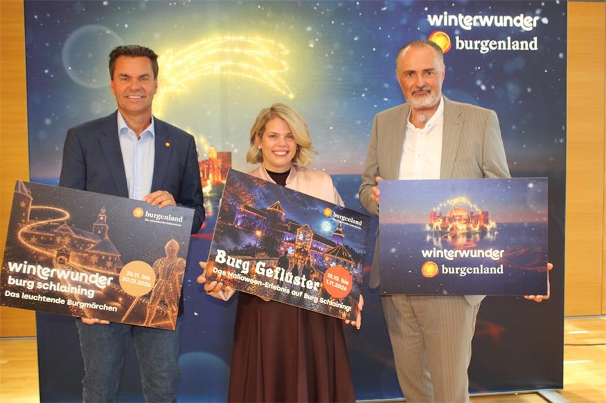 Ein erster Blick in den Winter bei der Präsentation (v.l.): Burgenland-Tourismus-Geschäftsführer Didi Tunkel, Kulturbetriebe-Geschäftsführerin Claudia Priber und Landeshauptmann Hans Peter Doskozil.
