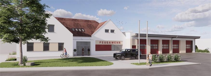 Eine Visualisierung, wie das umgebaute Feuerwehrhaus nach seiner geplanten Fertigstellung im Sommer 2027 aussehen könnte.