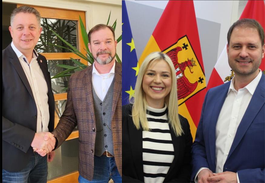 FPÖ-Chef Alexander Petschnig mit Kandidat Michael Gmeindl (v.l.) und ÖVP-Kandidatin Vanessa Tuder mit Landesparteiobmann Christian Sagartz (Bild rechts).
