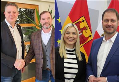 FPÖ-Chef Alexander Petschnig mit Kandidat Michael Gmeindl (v.l.) und ÖVP-Kandidatin Vanessa Tuder mit Landesparteiobmann Christian Sagartz (Bild rechts).