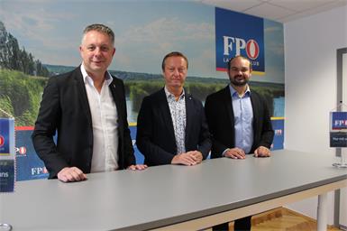 FPÖ-Landesparteiobmann Alexander Petschnig, Klubobmann Hans Tschürtz, Landtagsabgeordneter Markus Wiesler (v.l.).
