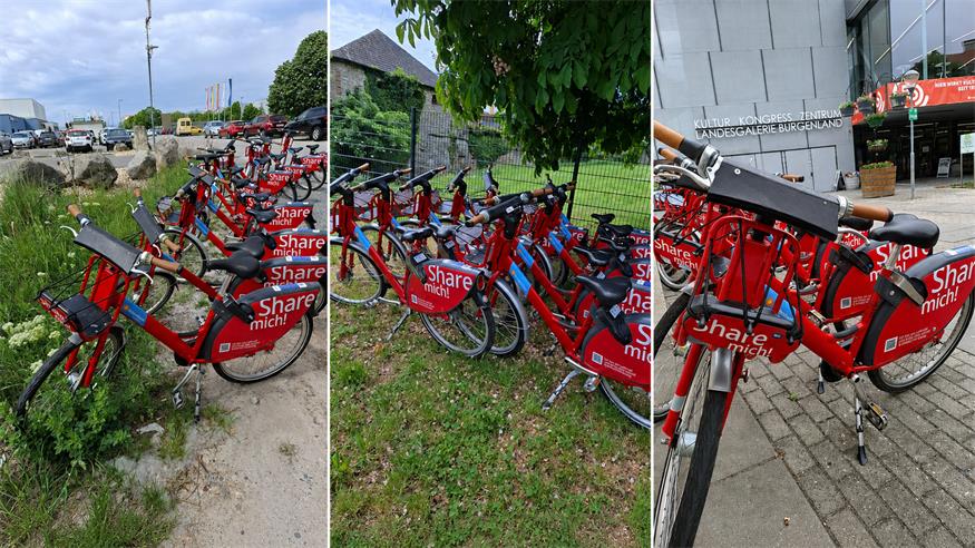 Fahrräder so weit das Auge reicht. In der Landeshauptstadt kann man von mehr als zehn Stationen losradeln, auch vom Stadtrand bei der Hochschule, beim Freibad im Schlosspark und beim Kulturzentrum am Colmarplatz (Bilder v.l.).