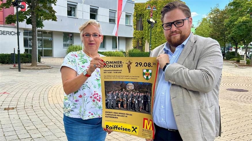 Gerda Haffer-Hochreiner und Thomas Haffer, Obmann vom „Modell Mattersburg“, laden zum Platzkonzert am Freitag, den 29. August.