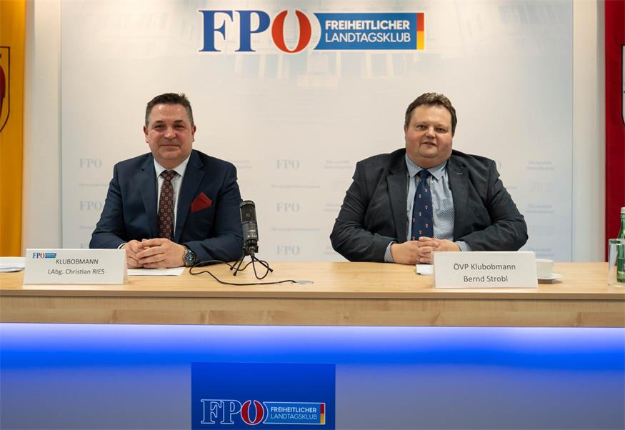 „Hochzufrieden“ mit der Gerichts-Entscheidung: FPÖ-Klubobmann Christian Ries, ÖVP-Klubchef Bernd Strobl (v.l.).