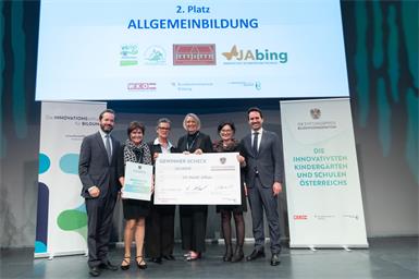 ISB-Vorstand Calice, die Schulleiterinnen Birgit Taschler, Christina Frotschnig, Eva Schitter, Alexandra Schönfeldinger und Bildungsminister Christoph Wiederkehr (v.l.).
