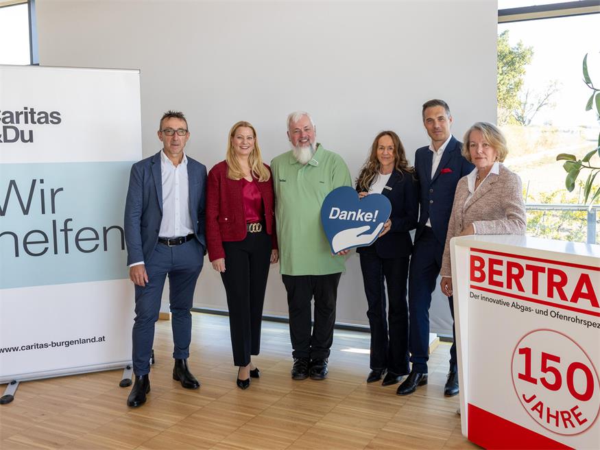 Johann Steurer (Bürgermeister Jois), Landesrätin Daniela Winkler, Norbert Filipitsch (Direktor Caritas Burgenland), Petra Frank (Caritas Burgenland), Martin Wolfram (Geschäftsführer BERTRAMS), Hermine Rosen (Eigentümerin BERTRAMS). Foto: 
