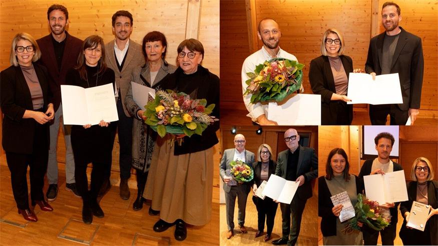 KBB-Geschäftsführerin Claudia Priber gratulierte den Vertretern der Pfarre Bad Sauerbrunn und Architekten der freistil Architektur (Bild links) sowie Bauherrn Jacobus van Hoorne und Architekt Gilbert Berthold vom „Einfamilienhaus mit Schilfdach“ (Foto oben) zum Architekturpreis. Anerkennungspreise für den Stadtgarten Oberwart nahmen Bürgermeister Georg Rosner und Landschaftsarchitekt Heinz Gerbl (Foto unten links) sowie Architekt und Bauherr Thomas Kügerl und Birgit Szuppin für das haus sz entgegen.