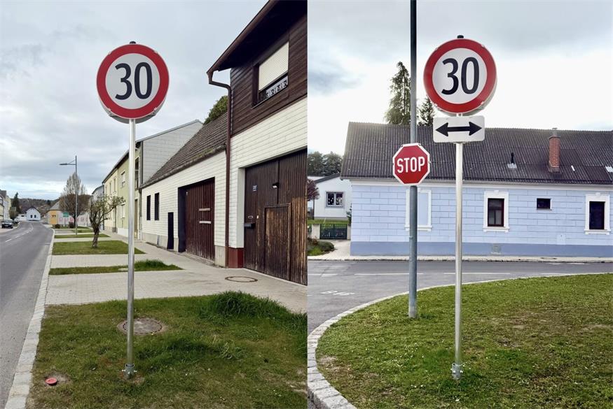 Kaum übersehbar weisen die neuen Straßenschilder auf die Geschwindigkeitsbegrenzung hin.