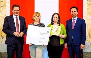 Klima- und Umweltschutzminister Norbert Totschnig, Direktorin Karin Schneemann, Fachvorständin Verene Deutsch und Bildungsminister Christoph Wiederkehr (v.l.).