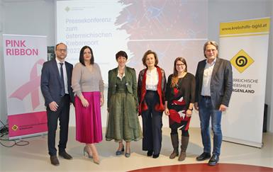 Krebshilfe Burgenland im Gesundheitszentrum Bad Sauerbrunn (v.l.): Vizepräsident Marco Hassler, Landeshauptmann-Stellvertreterin Astrid Eisenkopf, Präsidentin Michaela Klein, Geschäftsführerin Andrea Konrath, psychoonkologin Anja Skarits-Haas, Bürgermeister Gerhard Hutter. 