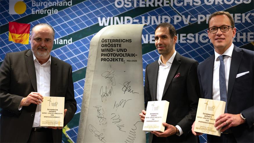 Landeshauptmann Hans Peter Doskozil beim "Projekt Tomorrow"-Start mit Burgenland Energie-Vorstandsvorsitzenden Stephan Sharma und Finanzvorsitzenden Reinhard Czerny.
