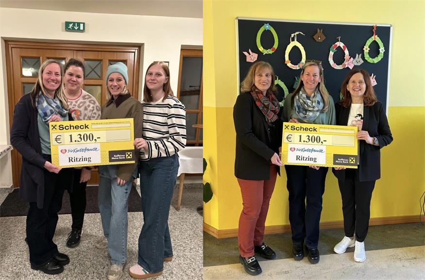 Links: Stellvertretend für den Kindergarten Ritzing wurde der Scheck von der scheidenden Obfrau Martina Schendera (l.) und ihrer Stellvertreterin Christina Kolin (2.v.l.) an Leiterin Julia Martna (2.v.r.) und Kindergartenpädagogin Lena Martna (r.) überreicht. Rechts: Volksschullehrerin Doris Trimmel (l.) und Direktorin Anita Ecker (r.) nahmen die Schenkung im Namen der Volksschule Ritzing entgegen.