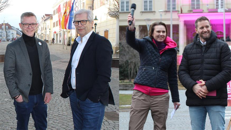 Liste Hausverstand und NEOS ... Géza Molnár und Manfred Kölly (v.l.), der solo mit der LBL durchstarten will. Das pinke Duo bleibt mit Landesgeschäftsführerin Sylvia Neuherz und Landessprecher Christoph Schneider (Bild rechts) bestehen.