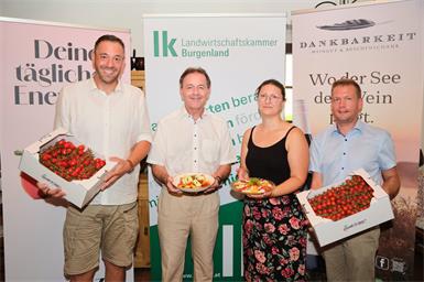 Lukas Sattler, Geschäftsführer der Gartenbau Sattler GmbH in Tadten, LK-Burgenland-Präsident Nikolaus Berlakovich sowie Christine und Andreas Glück vom Weingut Zur Dankbarkeit in Podersdorf am See machen anlässlich des Tags der Paradeiser am 8. August 2026 bei einem gemeinsamen Pressegespräch auf die Bedeutung frischer, regionaler Paradeiser aufmerksam.