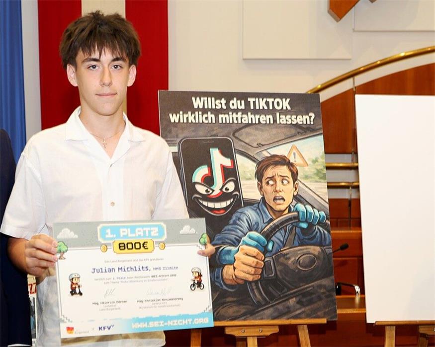 MIt diesem Motib überzeugte der Illmitzer Mittelschüler Julian Michlits die Jury. Seine Idee: "Willst du Tik Tok wirklich mitfahren lassen?" wird nun als Kampagne im Burgenland umgesetzt.