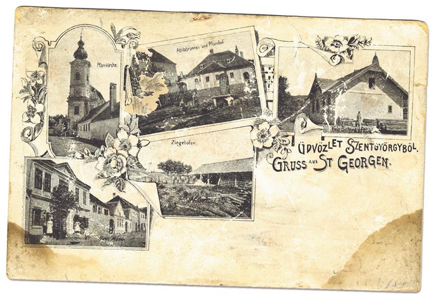 Magyarisierung. Eine Postkarte um 1900 zeigt St. Georgen - allerdings mit dem ungarischen Namen „Lajtaszentgyörgy“.