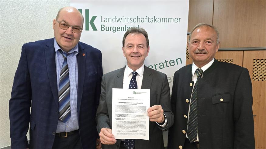 Mit der einstimmig beschlossenen Resolution: Michael Glauber von den SPÖ-Bauern sowie LK-Präsident Nikolaus Berlakovich und sein Vize Werner Falb-Meixner (v.l.).