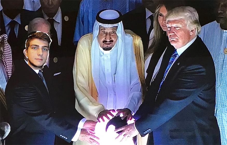 Nicht jeder Fake ist so einfach zu erkennen, wie dieses vom Treffen zwischen BVZ Chef vom Tag Peter Wagentristl, dem saudischen König Salman und US-Präsident Donald Trump (v.l.).