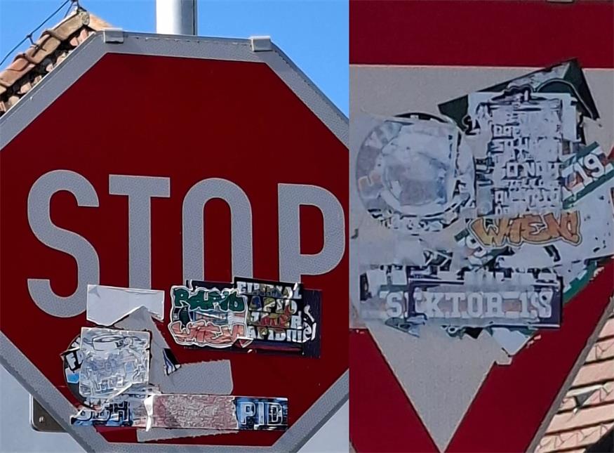 Pickerl auf Verkehrszeichen machen diese teilweise unleserlich.