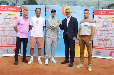 Präsentierten die neue Kooperation (v.l.): Günter Kurz, Präsident des Burgenländischen Tennisverbandes, Wolfgang Thiem, Dominic Thiem, Sportlandesrat Heinrich Dorner und Anton Beretzki, Geschäftsführer der Sport Burgenland GmbH.