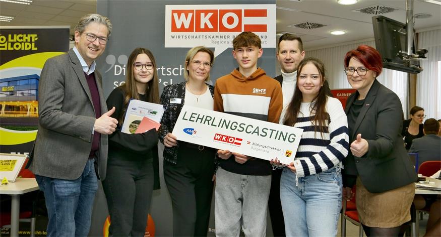 Regionalstellenleiter Christoph Winkler, Schülerin Antonela Maić, Marie-Theres Pauss (AMS Oberwart), SChüler Florian Schmalzl, Christian Pronai (Bildungsdirektion Burgenland), Schülerin Sarah Nielsen und Regionalstellenobfrau Tanja Stöckl (v. l.) 