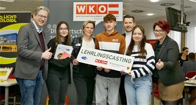 Regionalstellenleiter Christoph Winkler, Schülerin Antonela Maić, Marie-Theres Pauss (AMS Oberwart), SChüler Florian Schmalzl, Christian Pronai (Bildungsdirektion Burgenland), Schülerin Sarah Nielsen und Regionalstellenobfrau Tanja Stöckl (v. l.) 