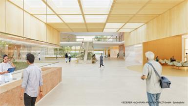 Rendering: Besucher*innen können sich via VR-Brille mitten in der Magistrale der neuen Klinik Gols umsehen. 