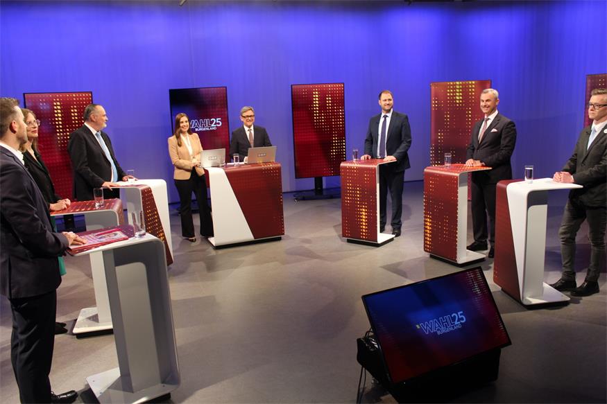 Runde der Spitzenkandidaten im ORF-Landesstudio. Mit Walter Schneeberger und Simone Stribl (M.) diskutierten (v.l.): Christoph Schneider, Anja Haider-Wallner, Hans Peter Doskozil, Christian Sagartz, Norbert Hofer und Géza Molnár.