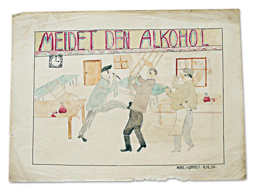 Schülerzeichnung von Karl Kummer zum Thema Alkohol und Rauferei.
