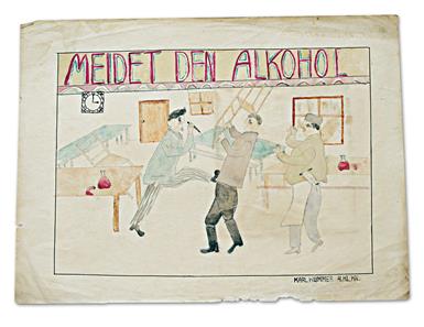 Schülerzeichnung von Karl Kummer zum Thema Alkohol und Rauferei.