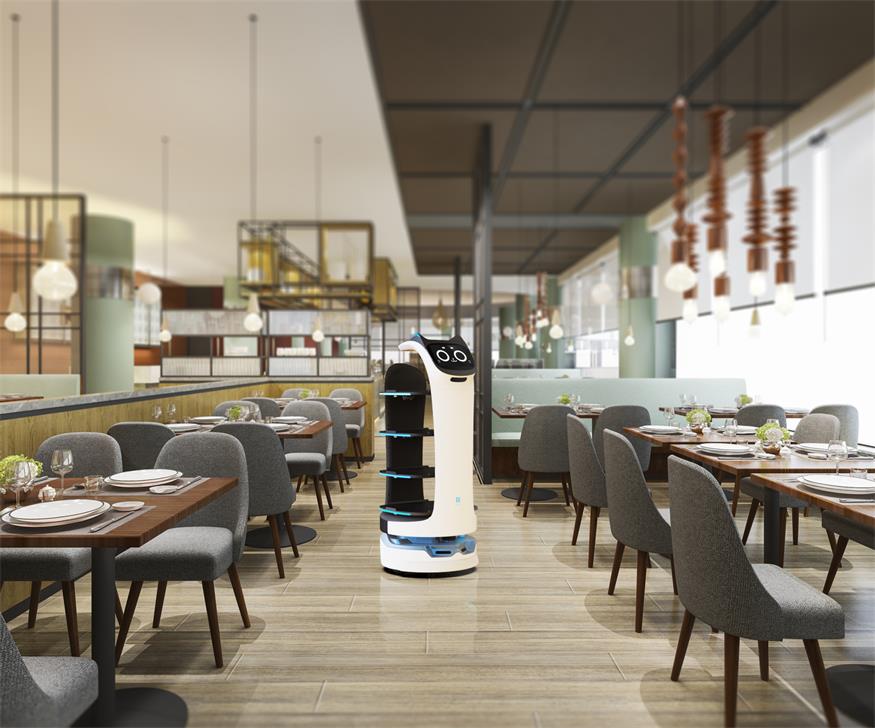 Servierroboter bringt das bestellte Essen zum Gast an den Tisch.
