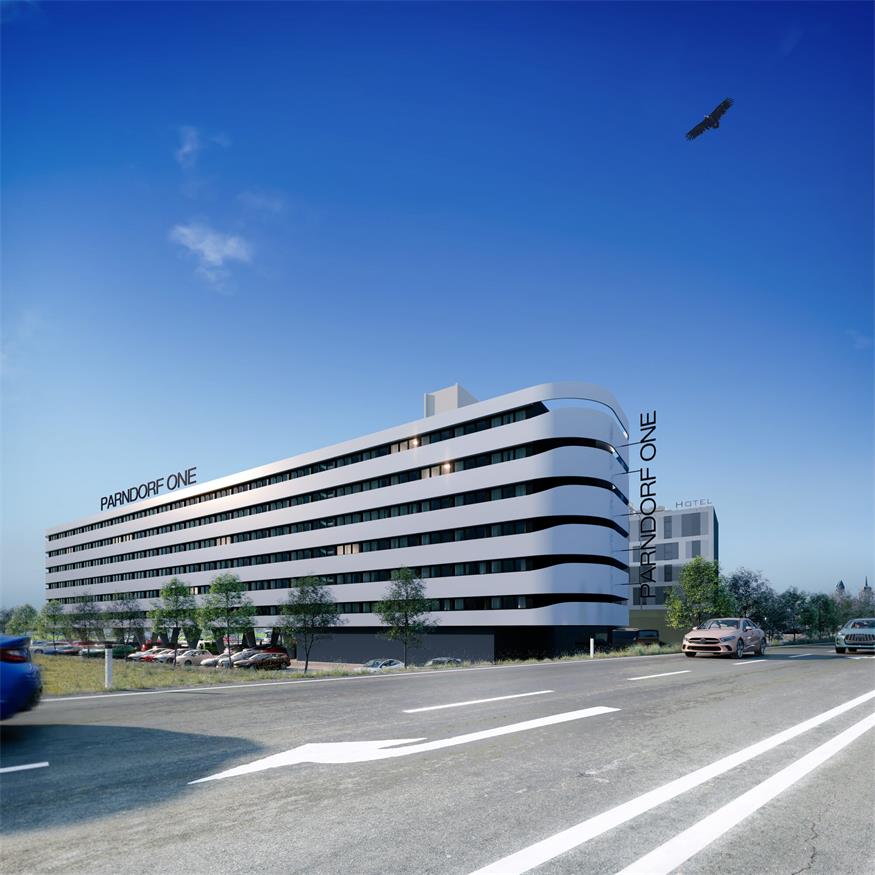 So soll das neue Budgethotel Parndorf One aussehen. Die Grafik zeigt den Blick von der Strasse aus.