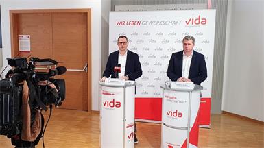 Vida-Landesvorsitzender Berend Tusch und der Vida-Fachbereichsvorsitzender für Gesundheit, Gerald Mjka, warnen vor Kürzungen im Gesundheitssystem.